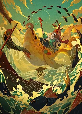 Fantasy Fish Riders in a Wavy Sea