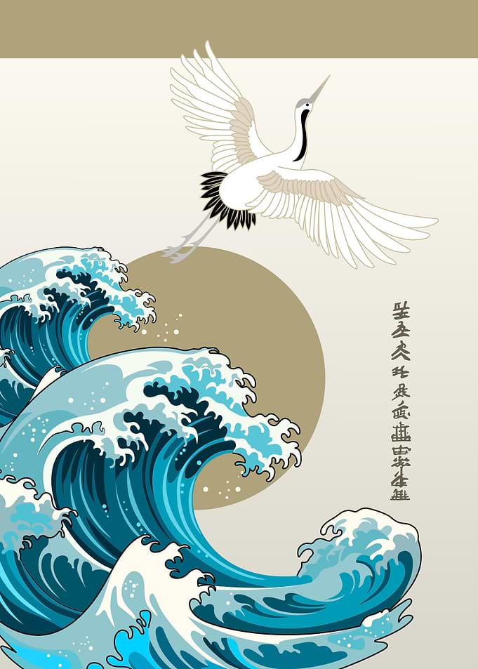 Crane and Waves Japanese Art