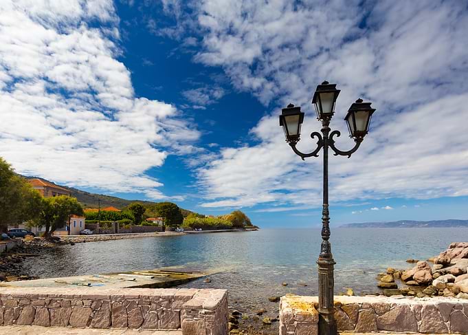 Coastal Town View with Lamp Post, Lesvos