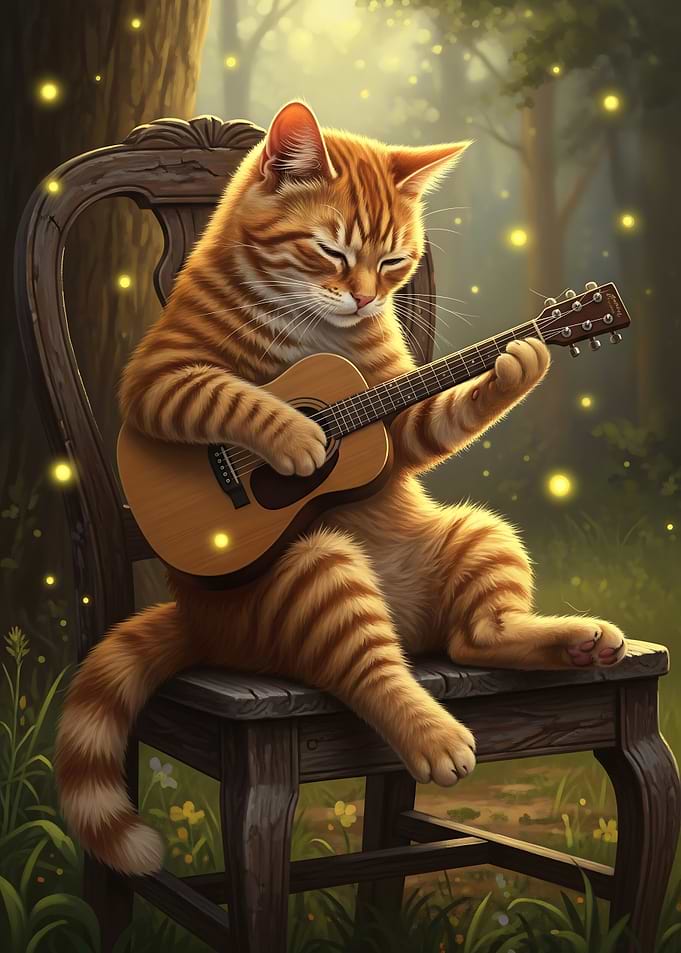 Cat playing guitar in forest