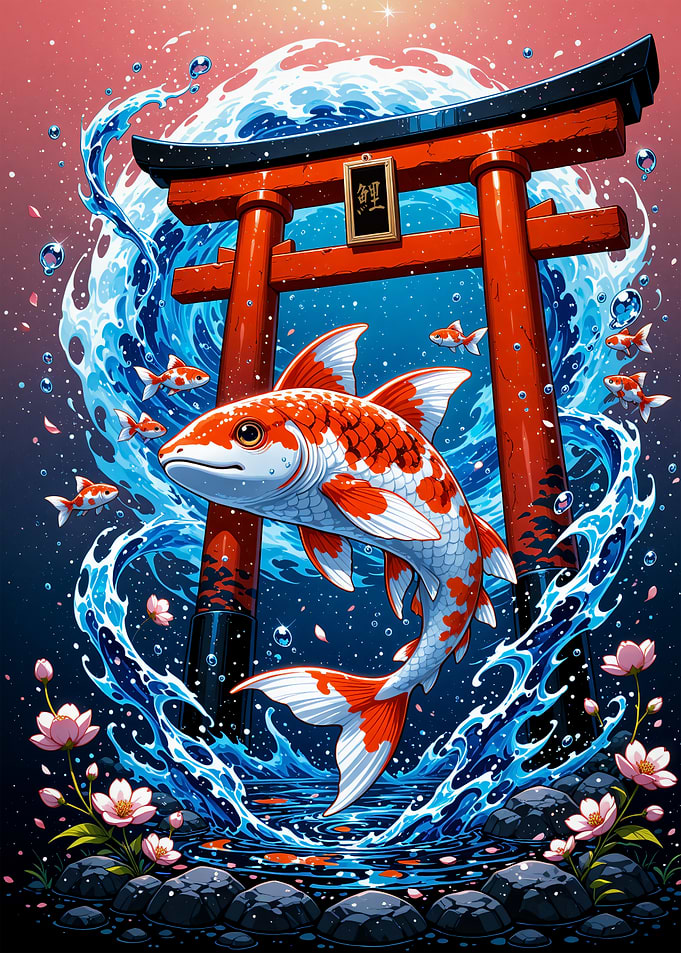 Koi Fish and Torii Gate Japanese Art Cherry Blossom Sakura