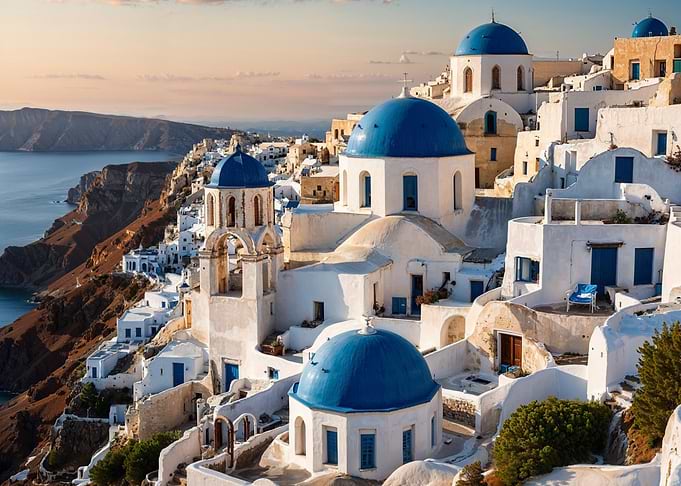 Santorini, Greece: White Buildings and Blue Domes