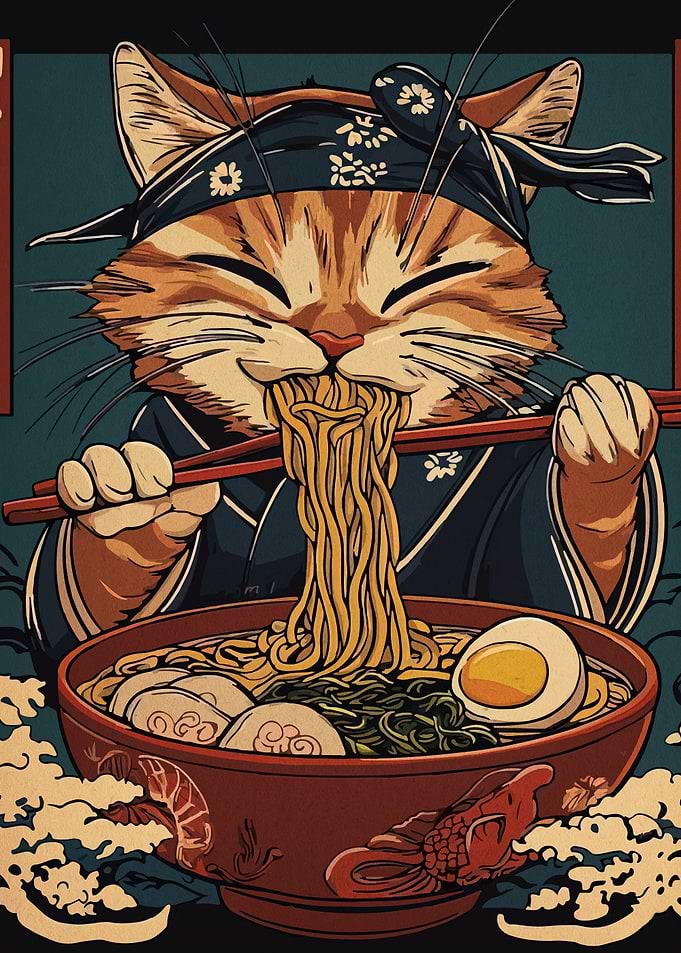 Cat eating ramen with chopsticks