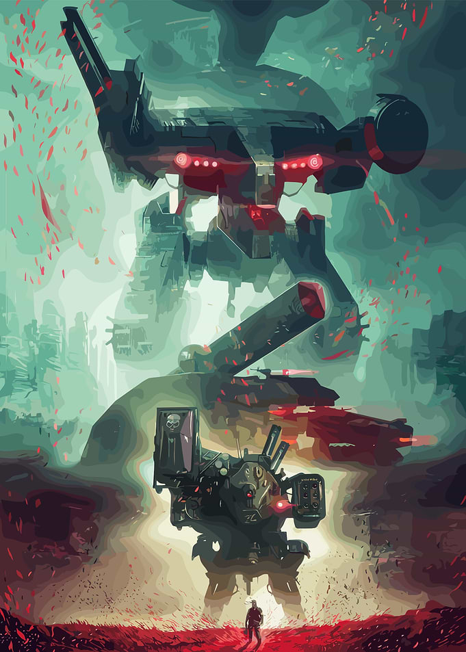 Futuristic Military Robot Landscape Illustration