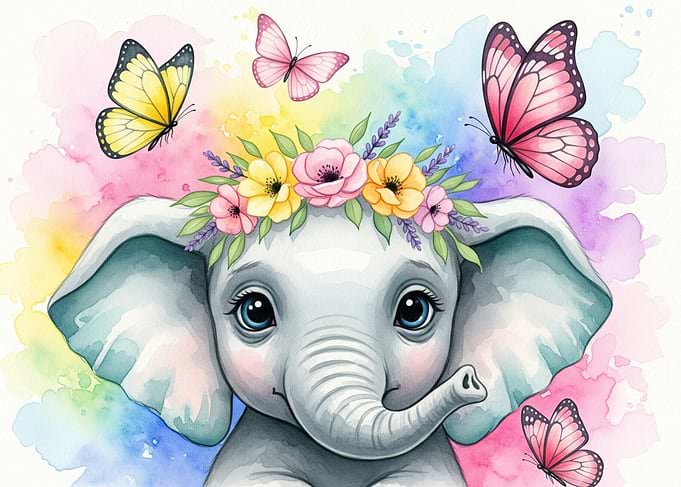 Cute Elephant with Butterflies and Flowers