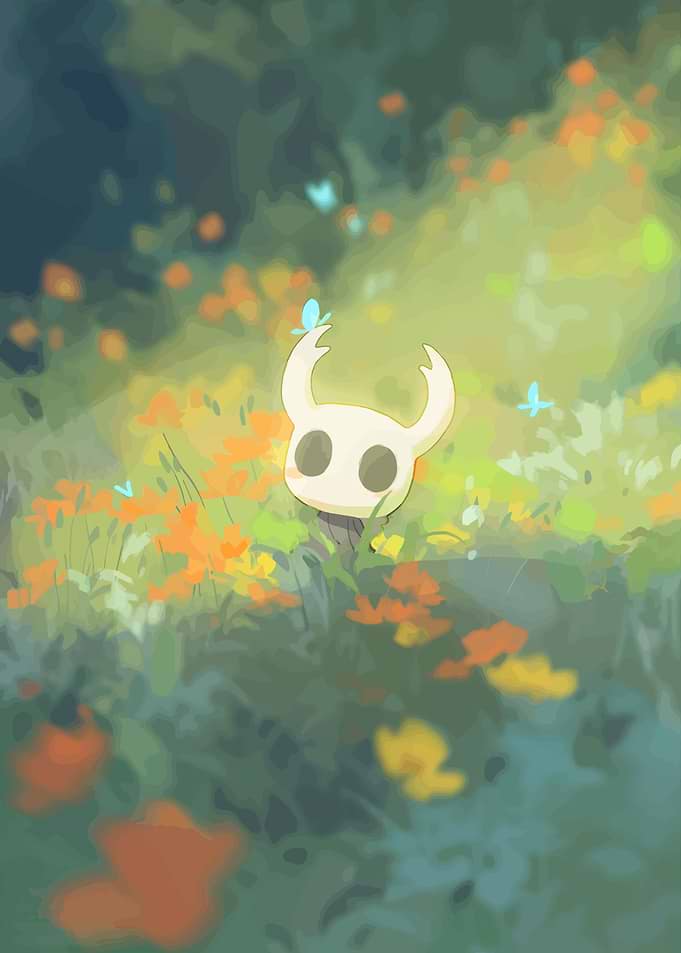 Hollow Knight in a field of flowers