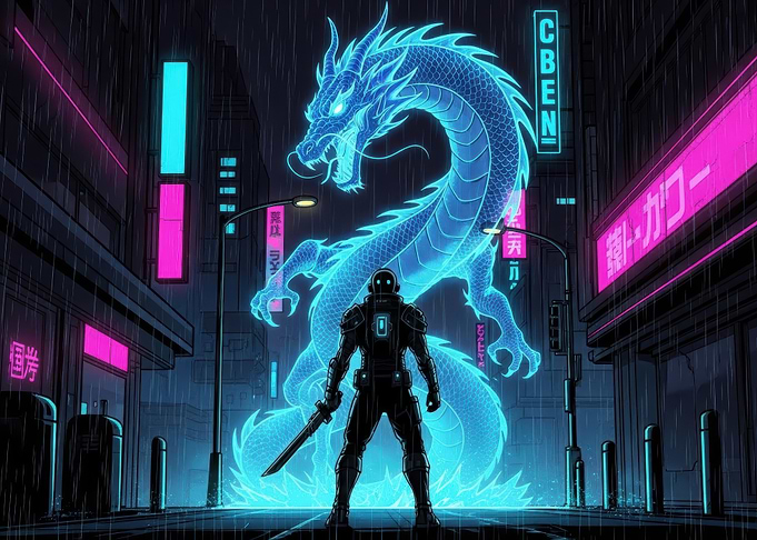 Cyberpunk Warrior and Neon Dragon