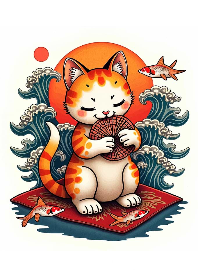 Cute Cat with Fan and Waves