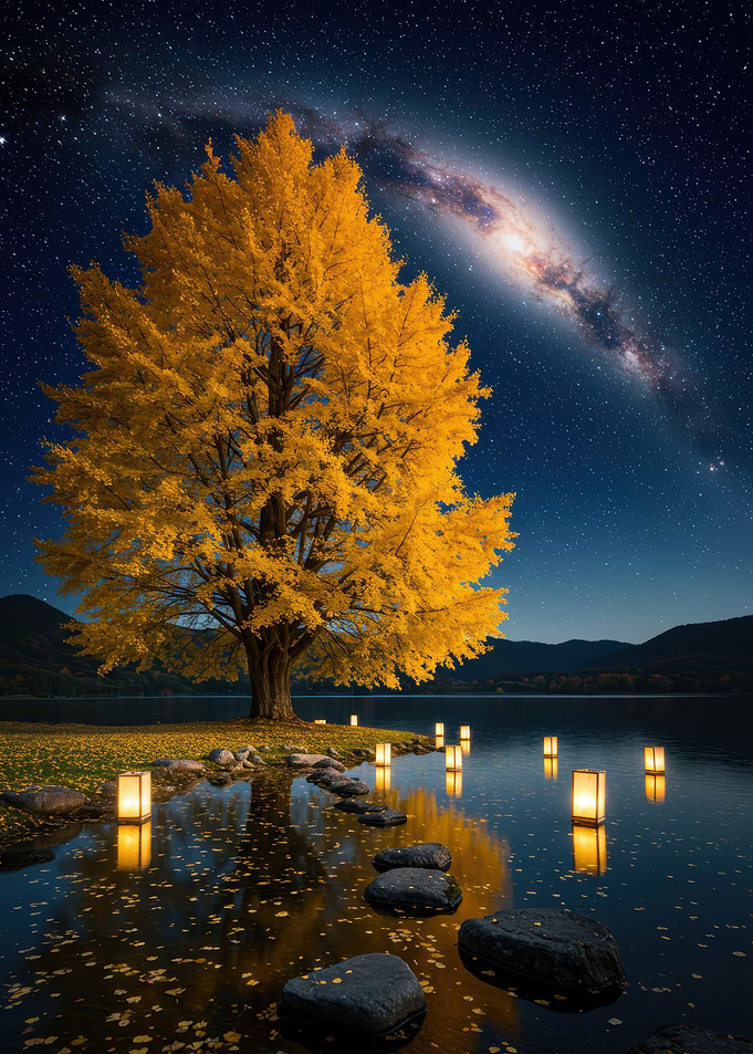 Golden Tree Under Starry Night Sky