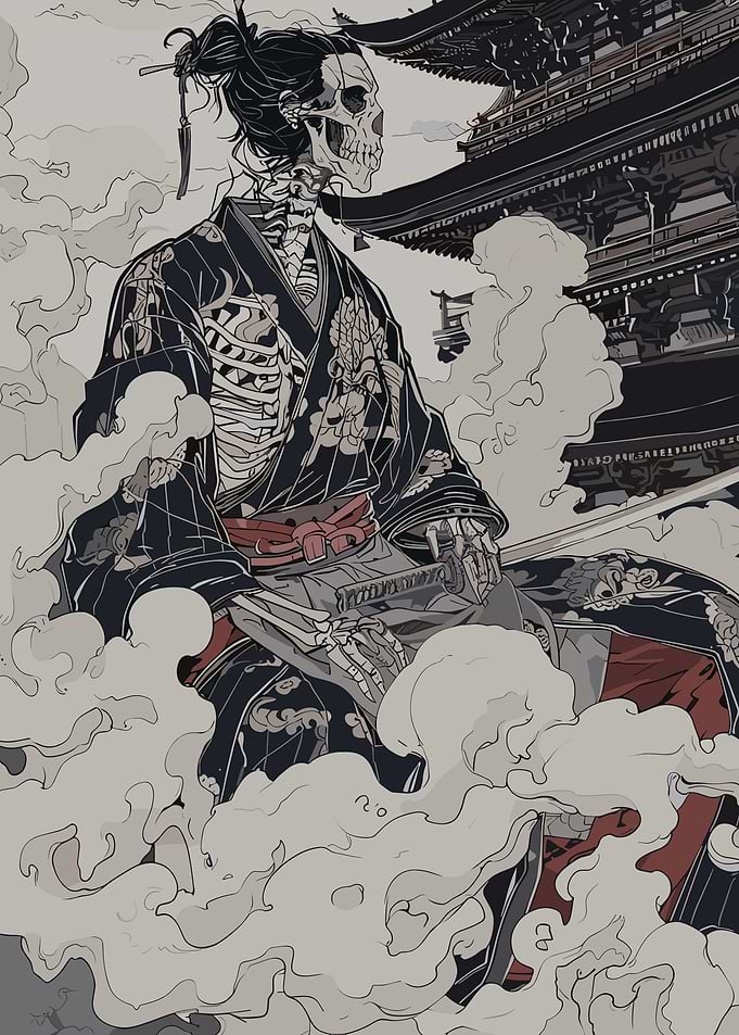 Skeleton Samurai with Temple Background