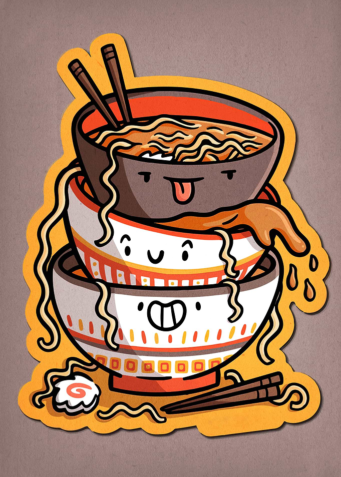 Stacked Ramen Bowls Cartoon Illustration