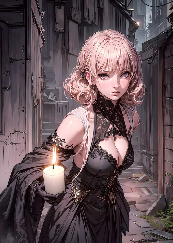 Anime Girl with Candle in Alleyway
