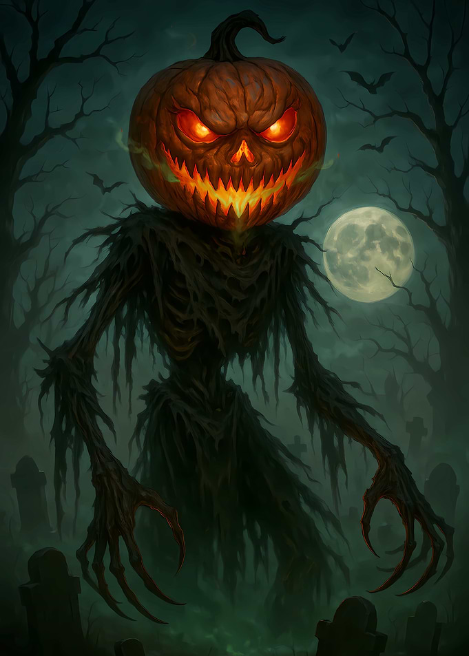 Halloween Pumpkin Monster in Graveyard