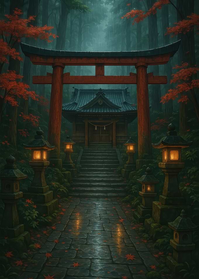 Japanese Shrine in Forest with Torii Gate