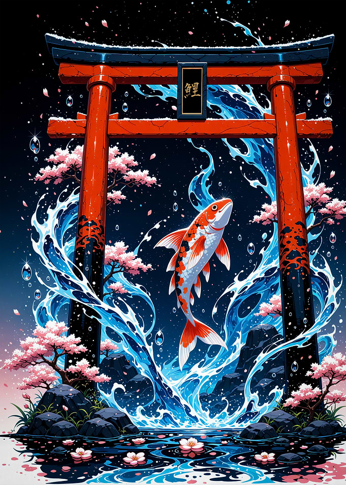 Koi Fish and Torii Gate Japanese Art Cherry Blossom Sakura Japan