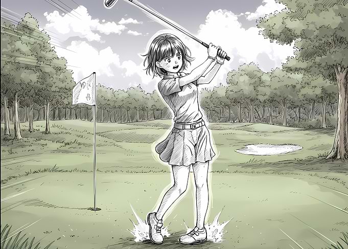 Anime Girl Golfing on Green Course