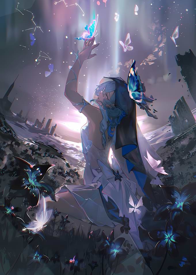Girl with Butterflies in Fantasy Landscape
