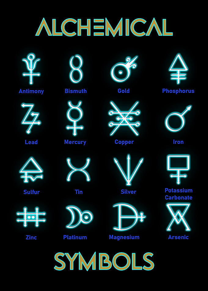 Alchemical Symbols Chart in Neon Blue