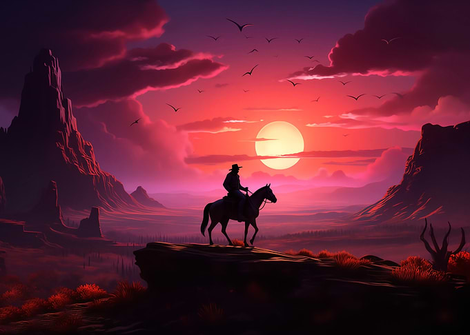 Cowboy on Horseback at Sunset