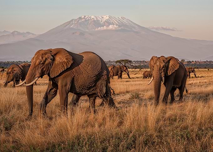 Elephants in African Savannah with Kilimanjaro