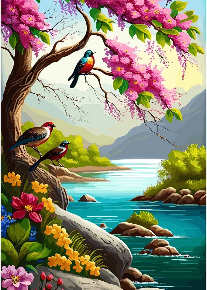 Birds and Blossoms by the River