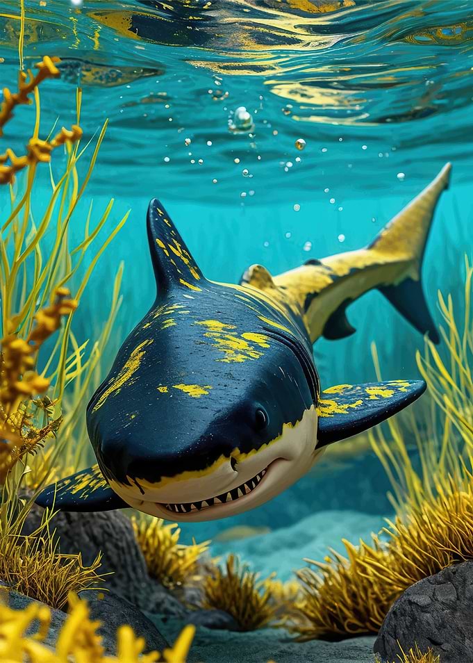 Shark underwater with yellow algae