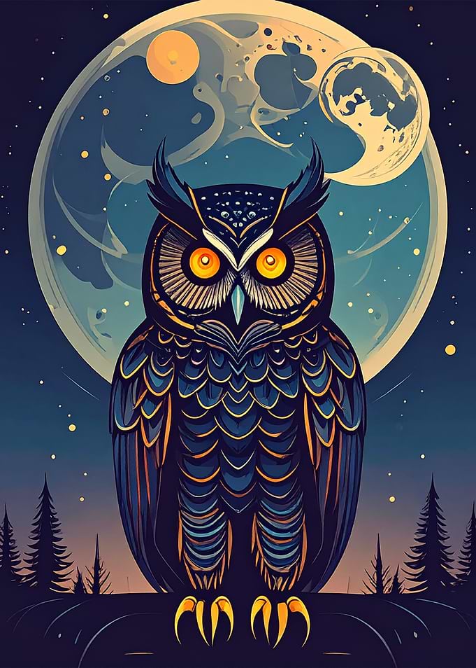 Stylized Owl Under the Moon
