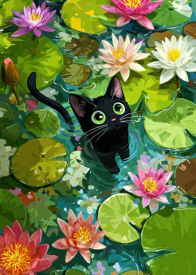Black Cat in Lily Pond