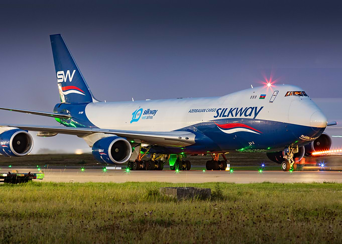 Silk Way Cargo Plane at Dusk
