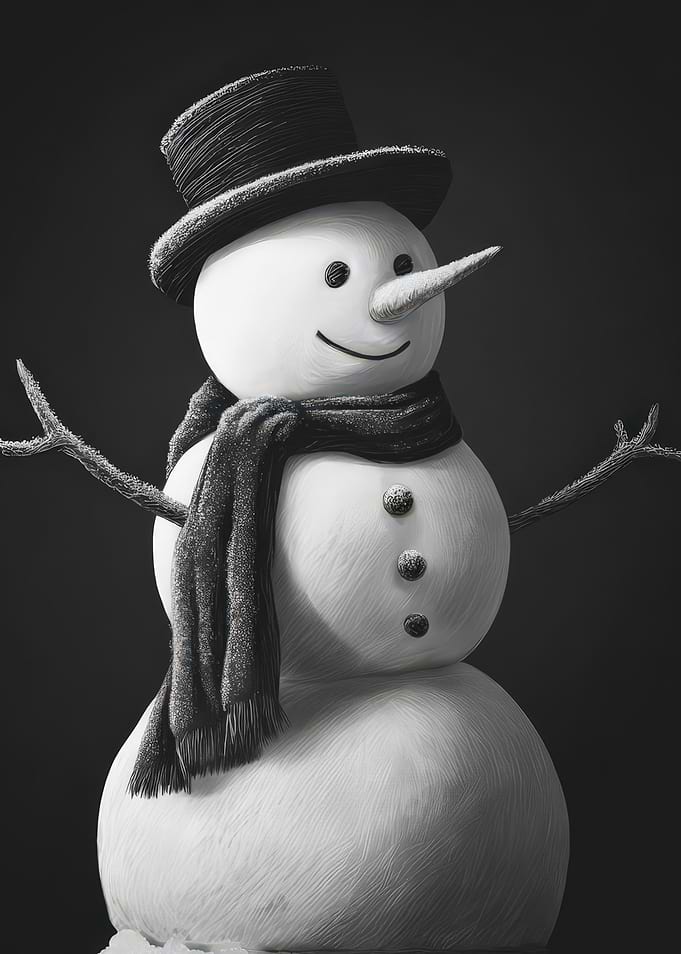 Monochrome Snowman with Hat and Scarf