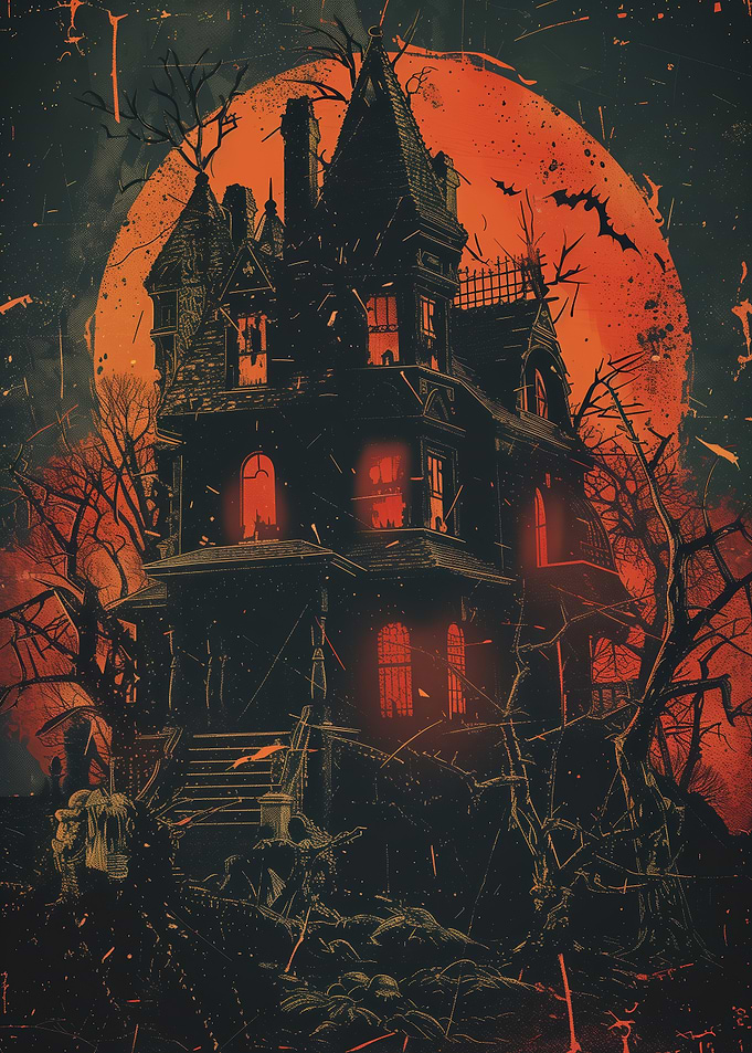 Haunted mansion under blood moon