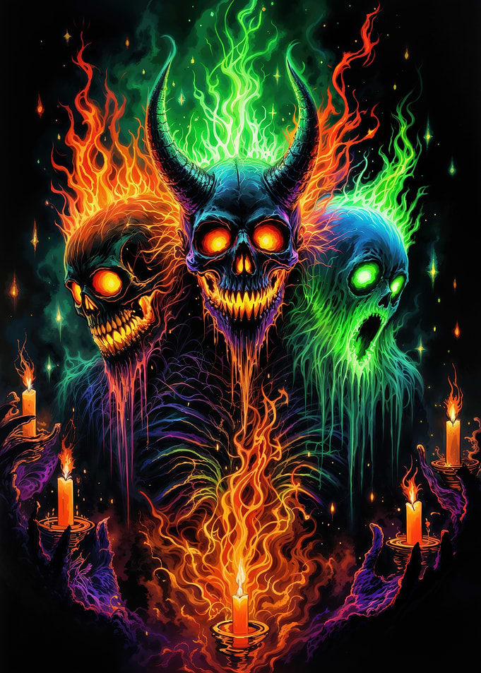 Fiery Skull Trio with Candles