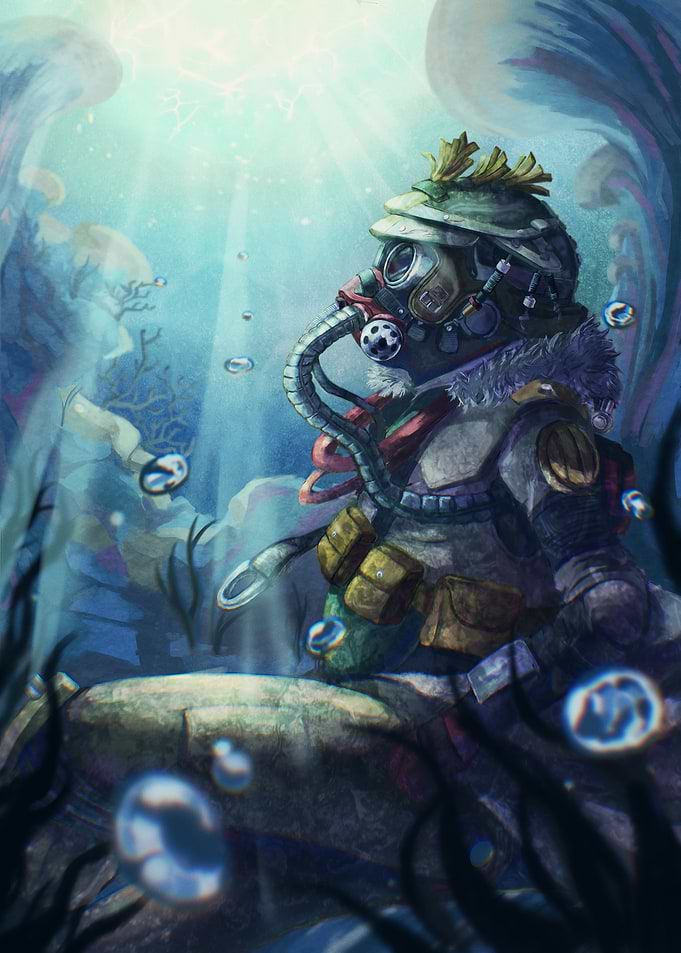Underwater Diver with Gas Mask Illustration