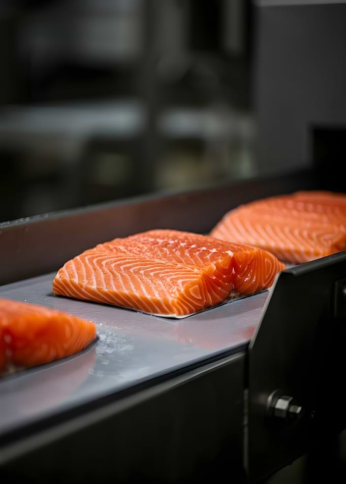 Fresh Salmon Fillets on Conveyor Belt