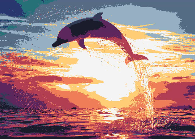 Pixelated Dolphin jumping at sunset