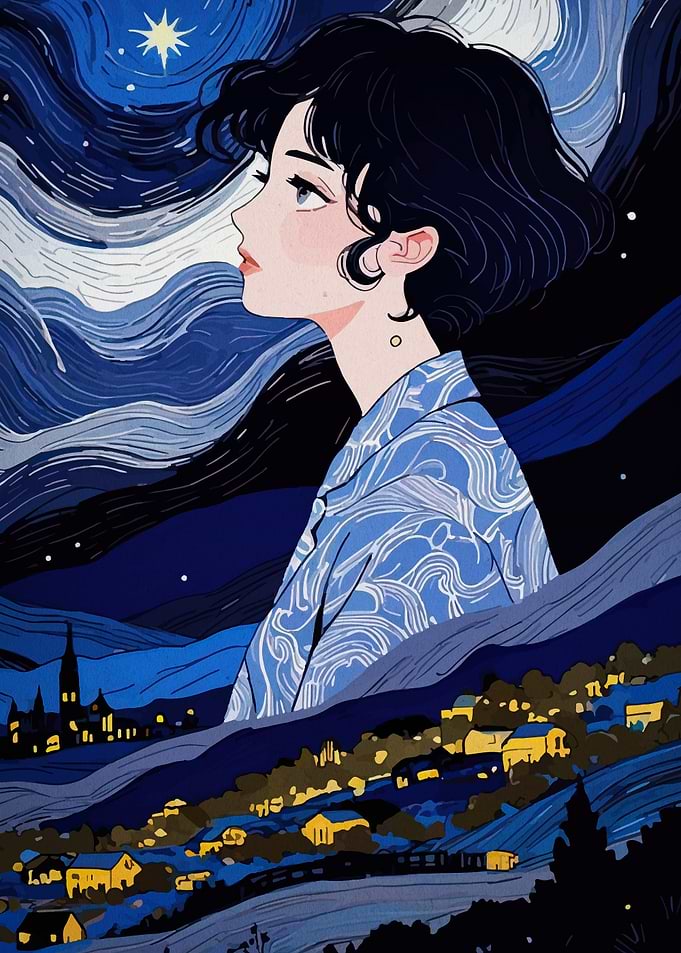 Dreamy Nightscape with Anime Girl