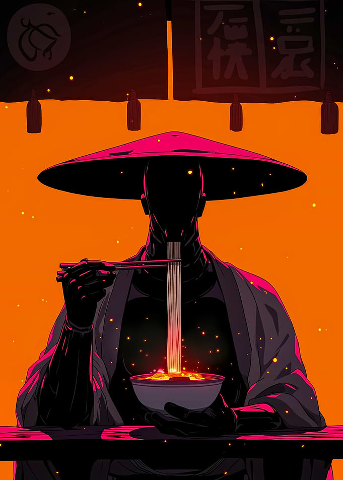 Samurai eating ramen in a restaurant