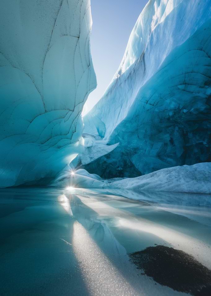 Glacier Ice Cave with Sunlight Reflection