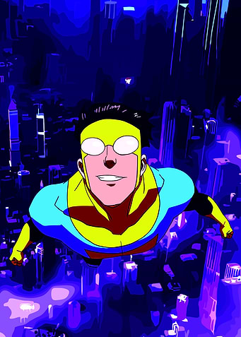 Invincible flying over a city