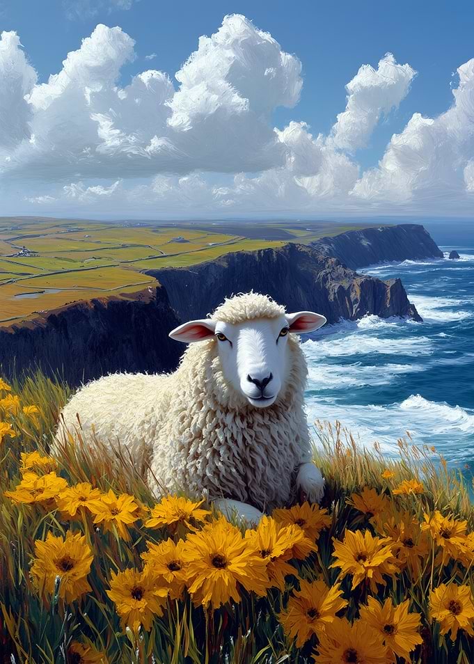 Sheep in a field of flowers