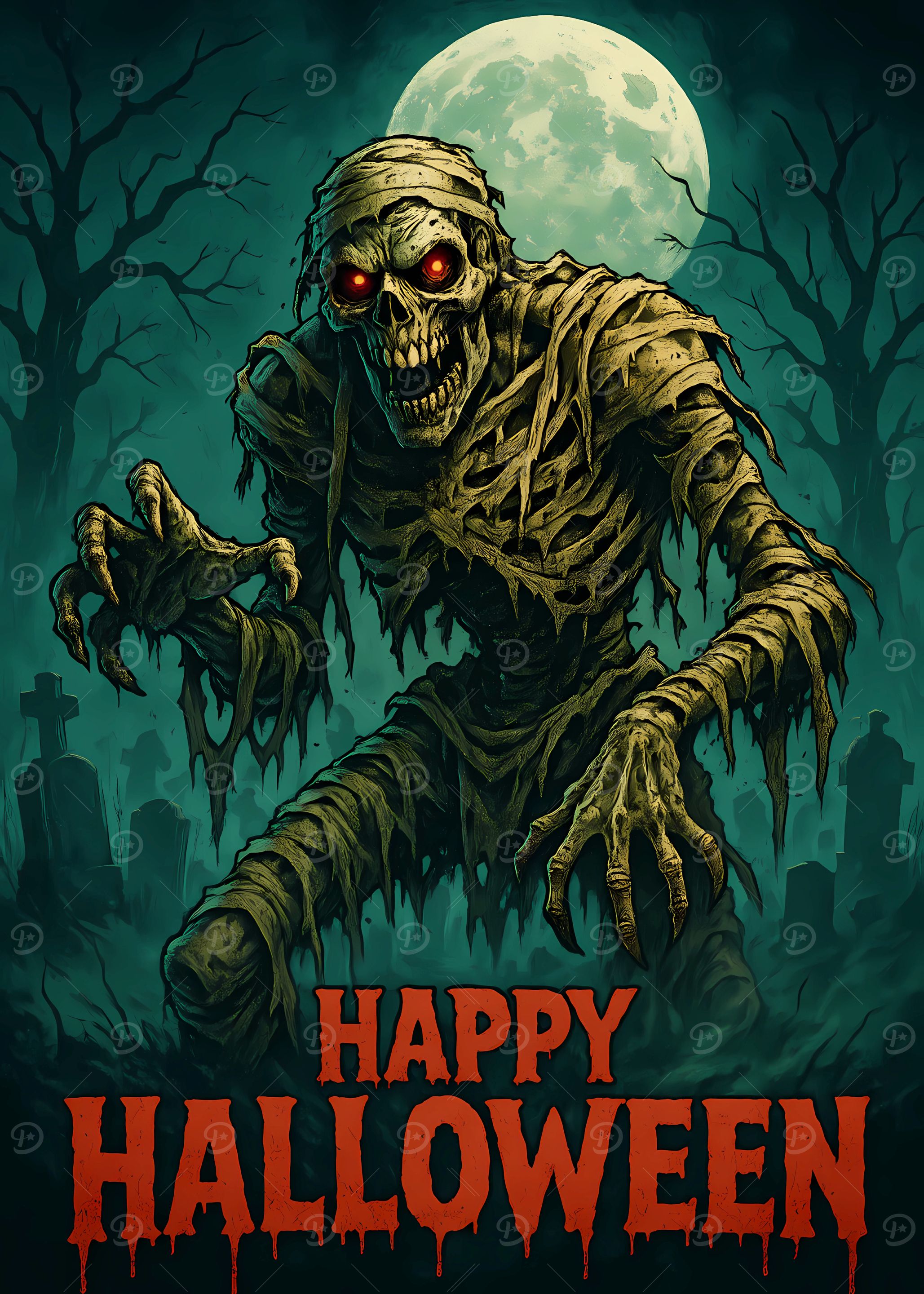 Happy Halloween Mummy in Graveyard