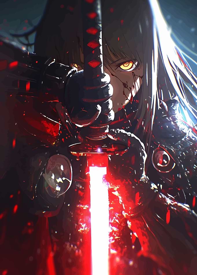 Anime Warrior with Katana and Blood
