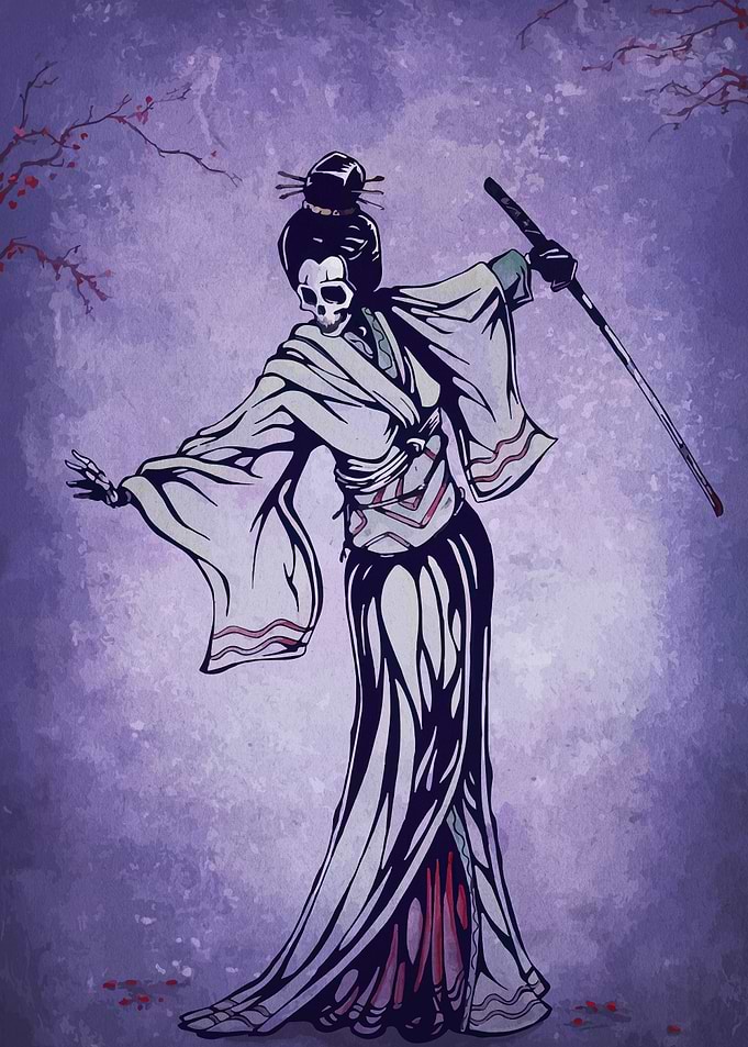 Skeleton Geisha with Katana Illustration