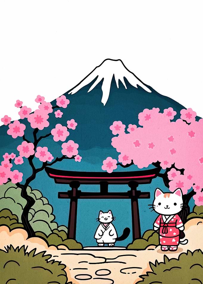 Cats at Mount Fuji with Torii Gate
