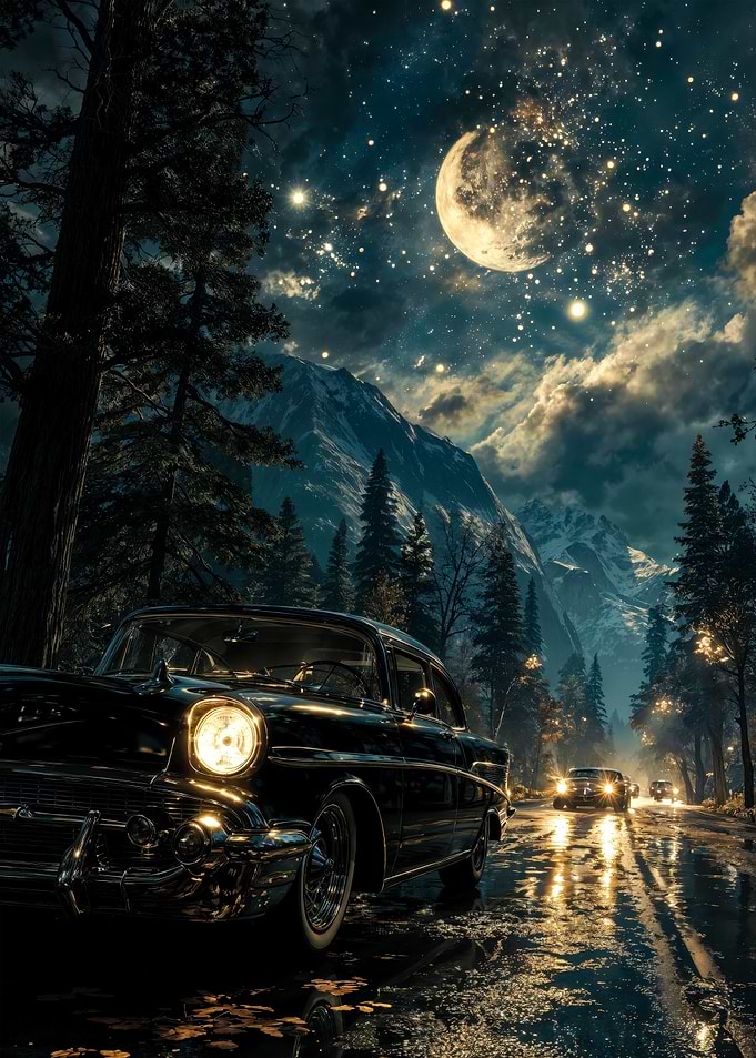 Classic Car, Moonlight Mountains