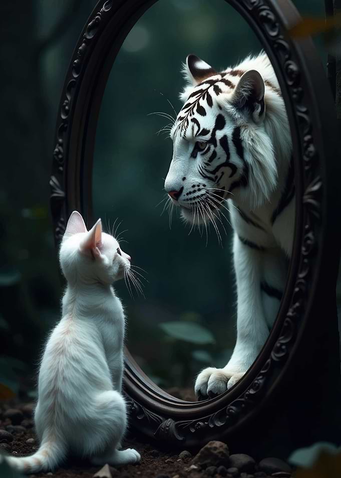 Cat and Tiger Reflection in Mirror