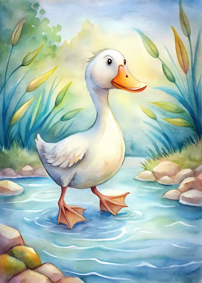Watercolor Duckling in Stream Illustration