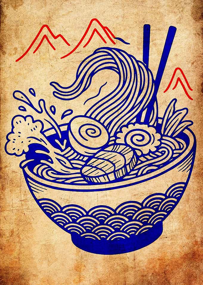 Ramen Bowl Illustration with Mountain Backdrop