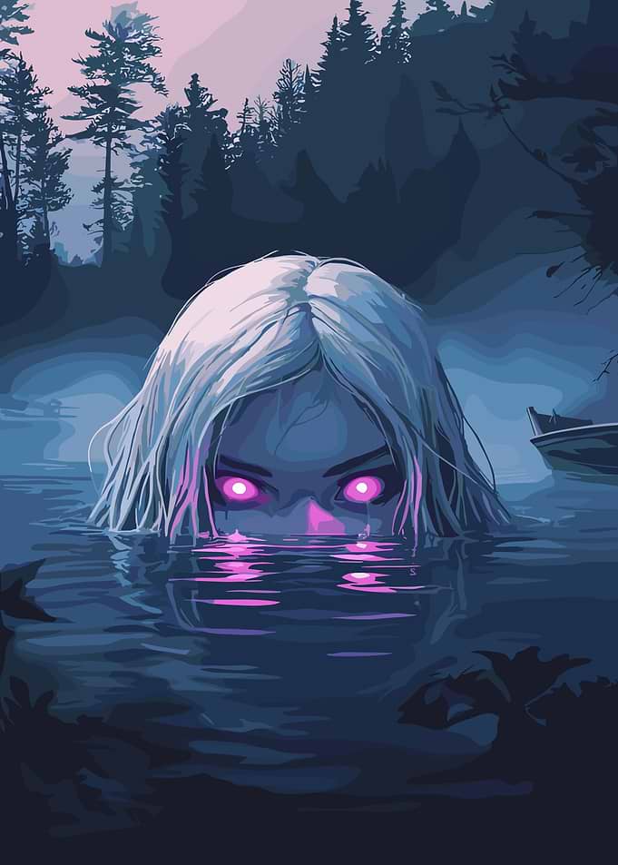 Eerie Woman in Lake with Glowing Eyes