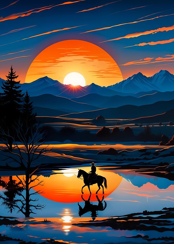 Cowboy Silhouette at Sunset Lake